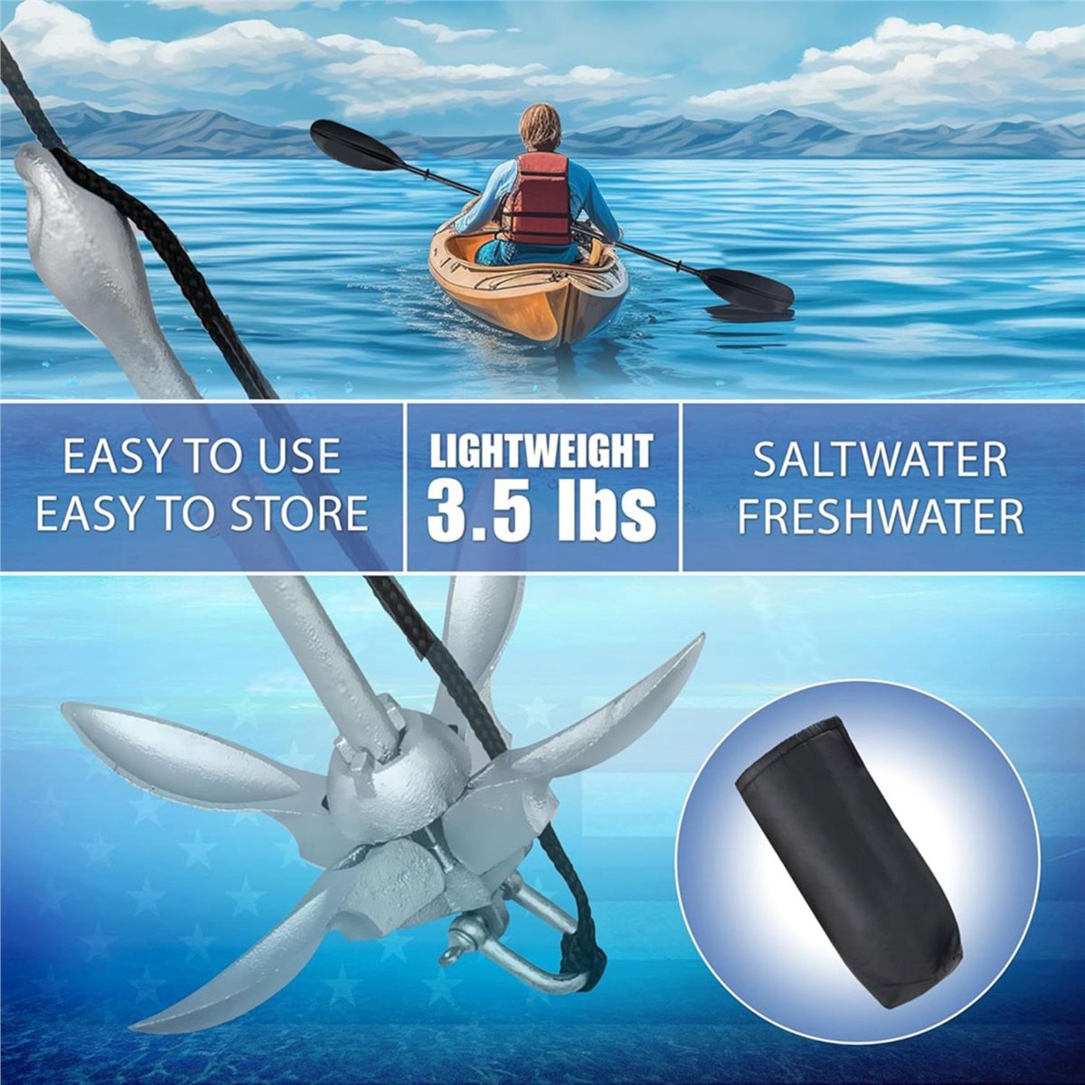 Fishing Kayak Anchor - สมอเรือคายัคลดราคาพิเศษ, ชุดสมอขนาด 3.5 ปอนด์ สำหรับเรือคายัค เรือแคนู
